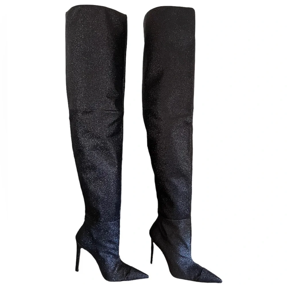 NWOT GOOD AMERICAN Slouchy Over The Knee Boots Black Glitter 5.5